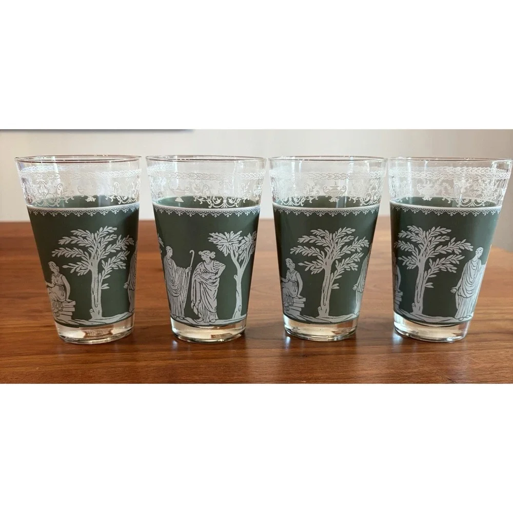 4 Jeanette Wedgwood Drinking Glasses Green Hellenic Greek Roman Vintage MCM